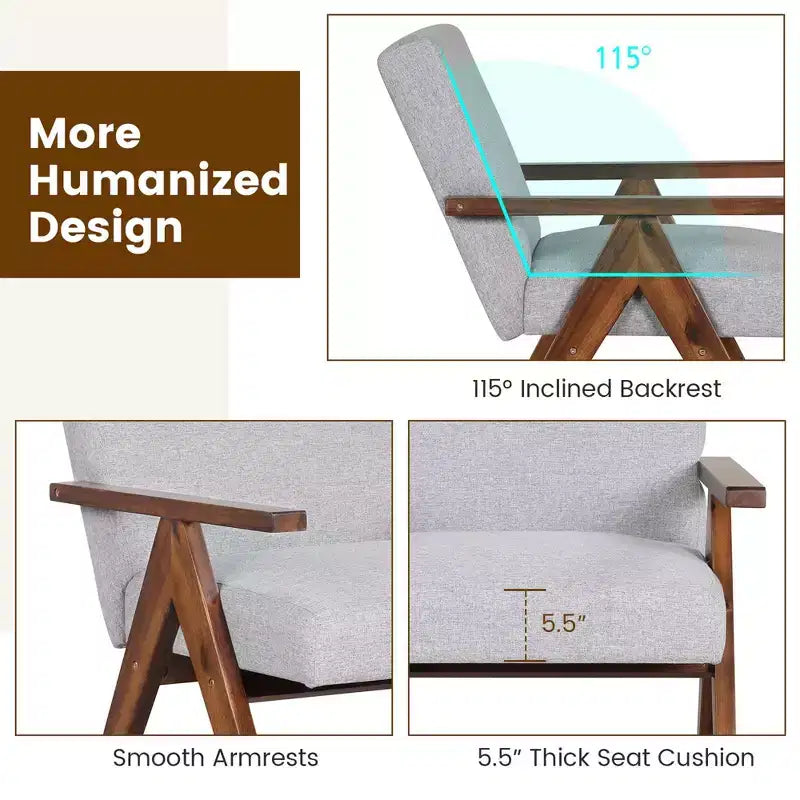 Costway 1 PCS Modern Accent Chair Linen Fabric Armchair with Solid Acacia Wood Frame Beige/Grey