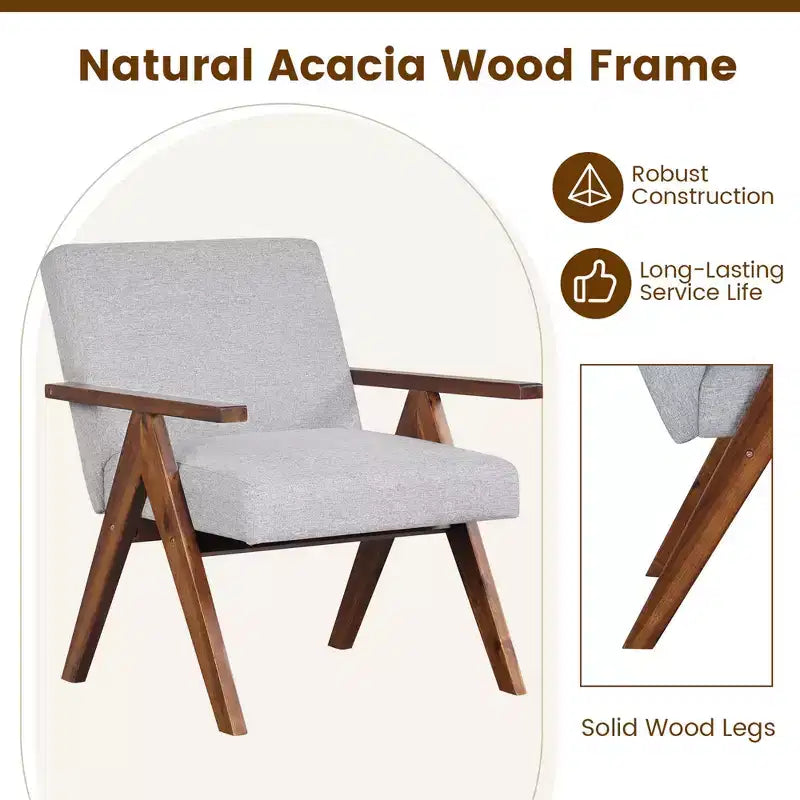 Costway 1 PCS Modern Accent Chair Linen Fabric Armchair with Solid Acacia Wood Frame Beige/Grey