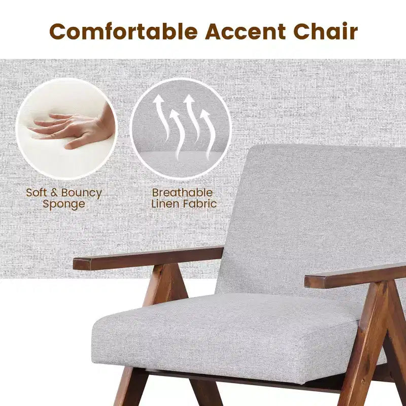 Costway 1 PCS Modern Accent Chair Linen Fabric Armchair with Solid Acacia Wood Frame Beige/Grey