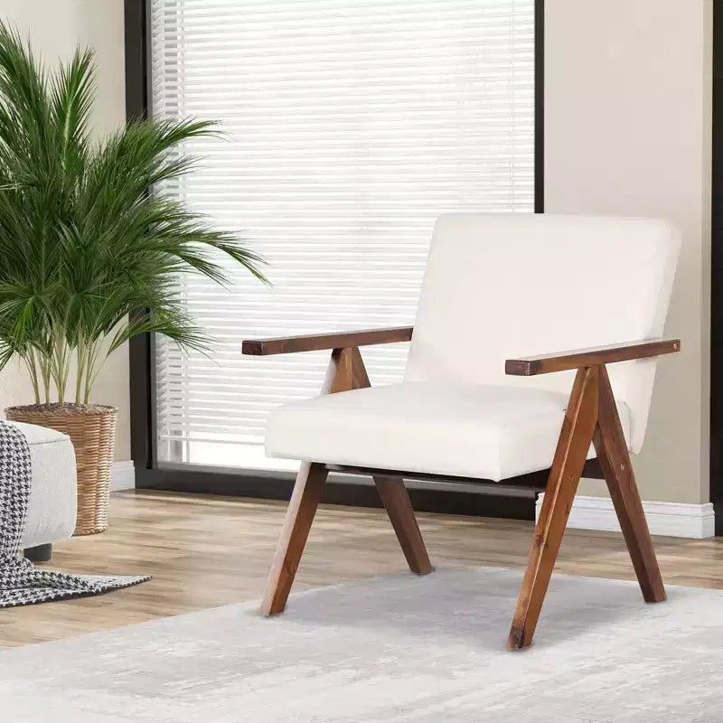 Costway 1 PCS Modern Accent Chair Linen Fabric Armchair with Solid Acacia Wood Frame Beige/Grey
