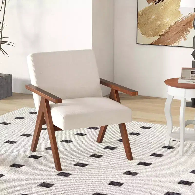 Costway 1 PCS Modern Accent Chair Linen Fabric Armchair with Solid Acacia Wood Frame Beige/Grey