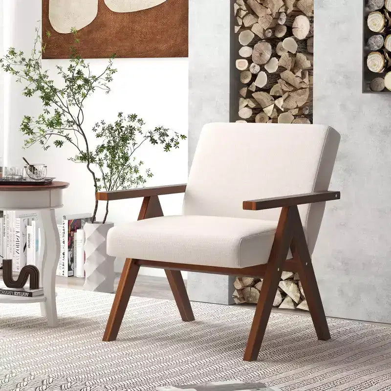 Costway 1 PCS Modern Accent Chair Linen Fabric Armchair with Solid Acacia Wood Frame Beige/Grey