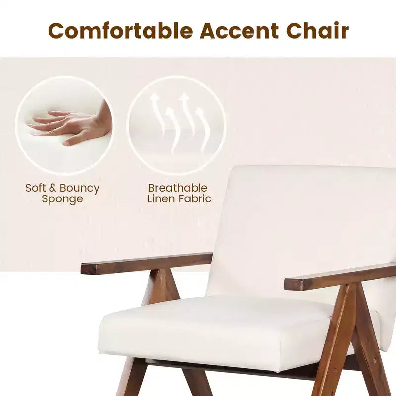 Costway 1 PCS Modern Accent Chair Linen Fabric Armchair with Solid Acacia Wood Frame Beige/Grey