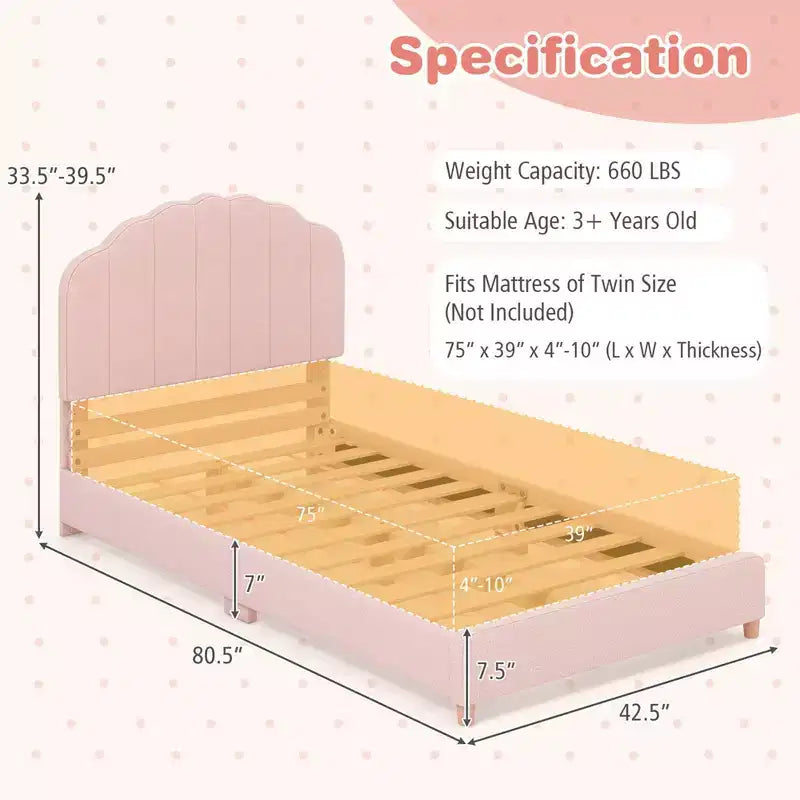 Costway Kids Twin Platform Bed Frame Upholstered Twin Size Bed with Wooden Slats Support
