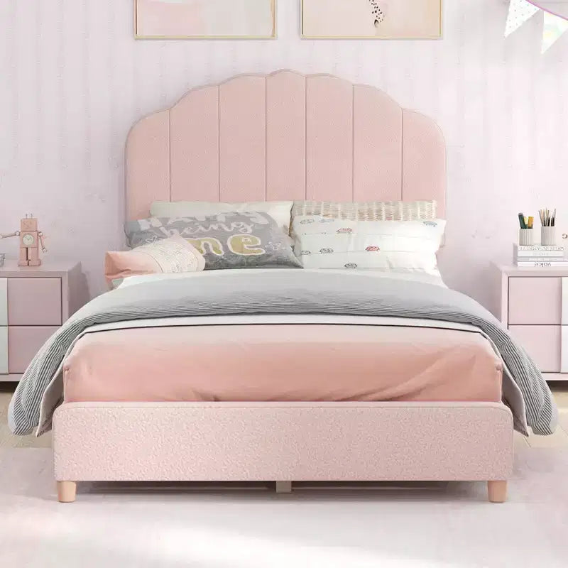 Costway Kids Twin Platform Bed Frame Upholstered Twin Size Bed with Wooden Slats Support