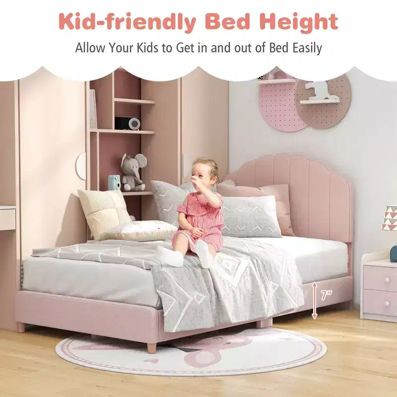 Costway Kids Twin Platform Bed Frame Upholstered Twin Size Bed with Wooden Slats Support