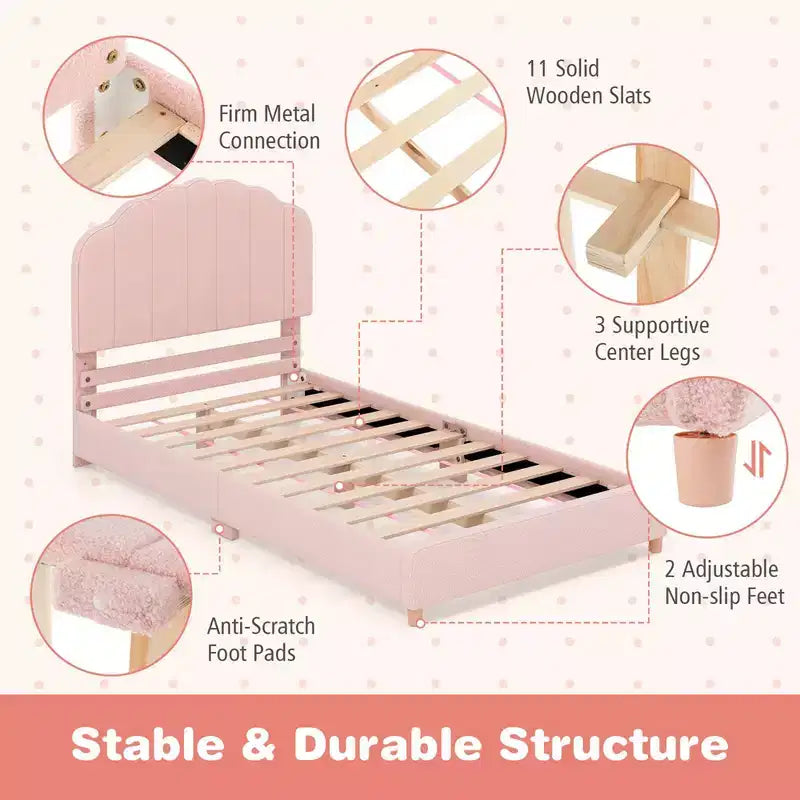 Costway Kids Twin Platform Bed Frame Upholstered Twin Size Bed with Wooden Slats Support