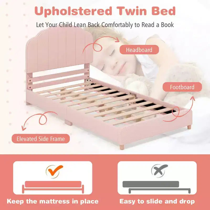 Costway Kids Twin Platform Bed Frame Upholstered Twin Size Bed with Wooden Slats Support