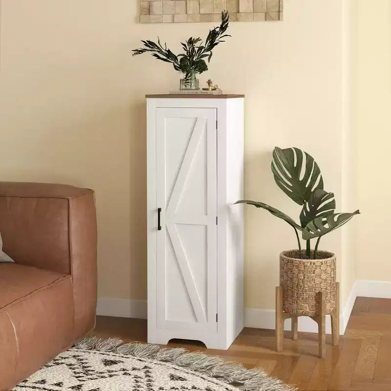 HOMCOM Farmhouse Storage Cabinet with Adjustable Shelf, Single Barn Door Accent Cabinet for Living Room, Floor Pantry Cabinet, White