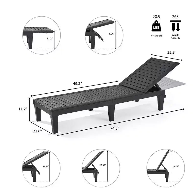 Nestl Waterproof Chaise Lounge Chair, Adjustable Lightweight Black Outdoor Patio Chairs