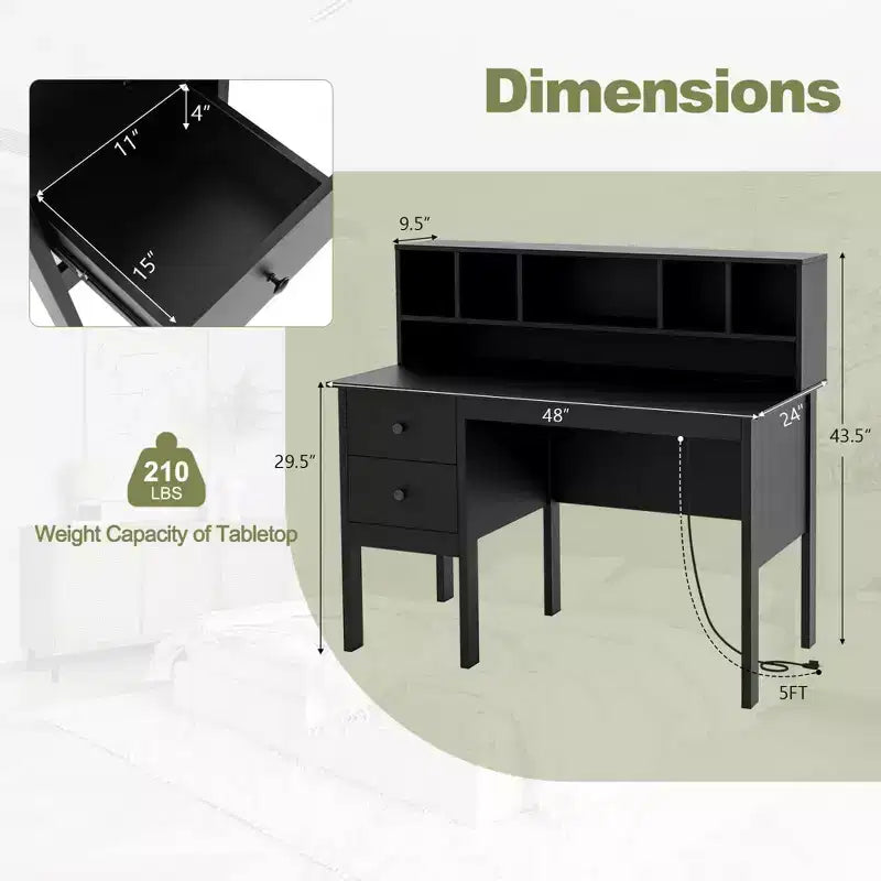Costway 48 Computer Desk with Power Outlets Type-C 5-Cubby Hutch & 2 Storage Drawers Black/White