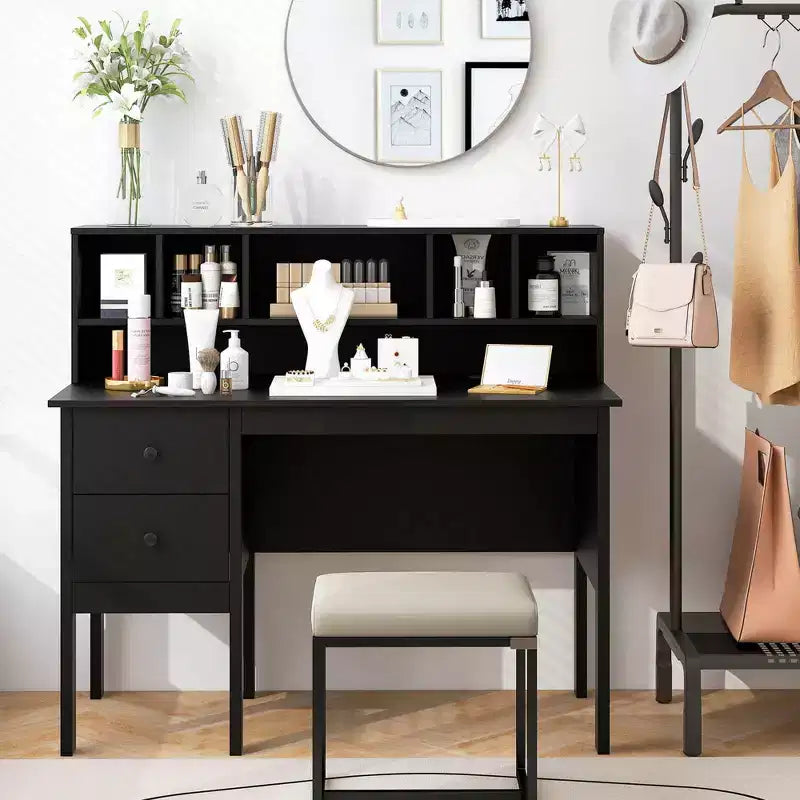 Costway 48 Computer Desk with Power Outlets Type-C 5-Cubby Hutch & 2 Storage Drawers Black/White