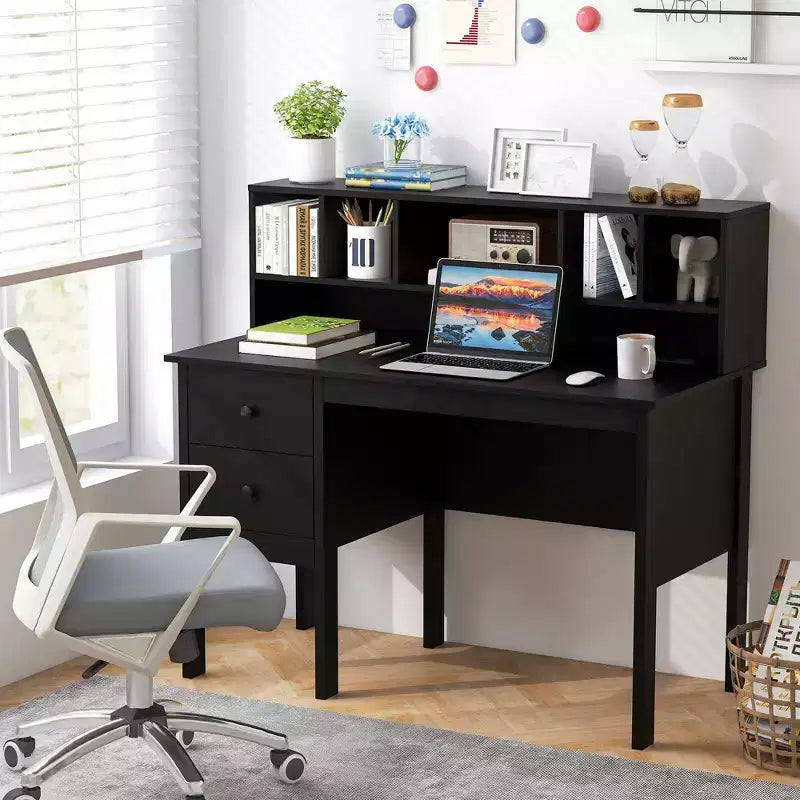 Costway 48 Computer Desk with Power Outlets Type-C 5-Cubby Hutch & 2 Storage Drawers Black/White