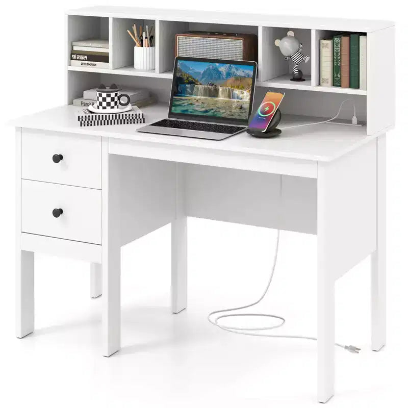 Costway 48 Computer Desk with Power Outlets Type-C 5-Cubby Hutch & 2 Storage Drawers Black/White