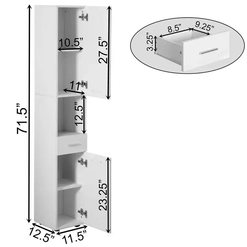 Basicwise 71.5 Corner Shelf Floor Cabinet with 2 Doors, 1 Drawer, Linen Tower Cabinet, Perfect for Bathroom, Living Room, Kitchen or Home Office