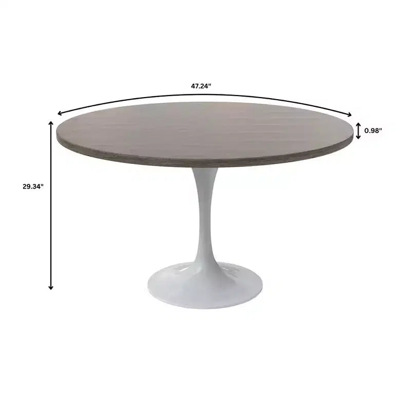 LeisureMod Verve Mid-Century Modern Table with a 48 Round MDF Tabletop and White Steel Pedestal Base for Kitchen and Dining Room in Dark Maple