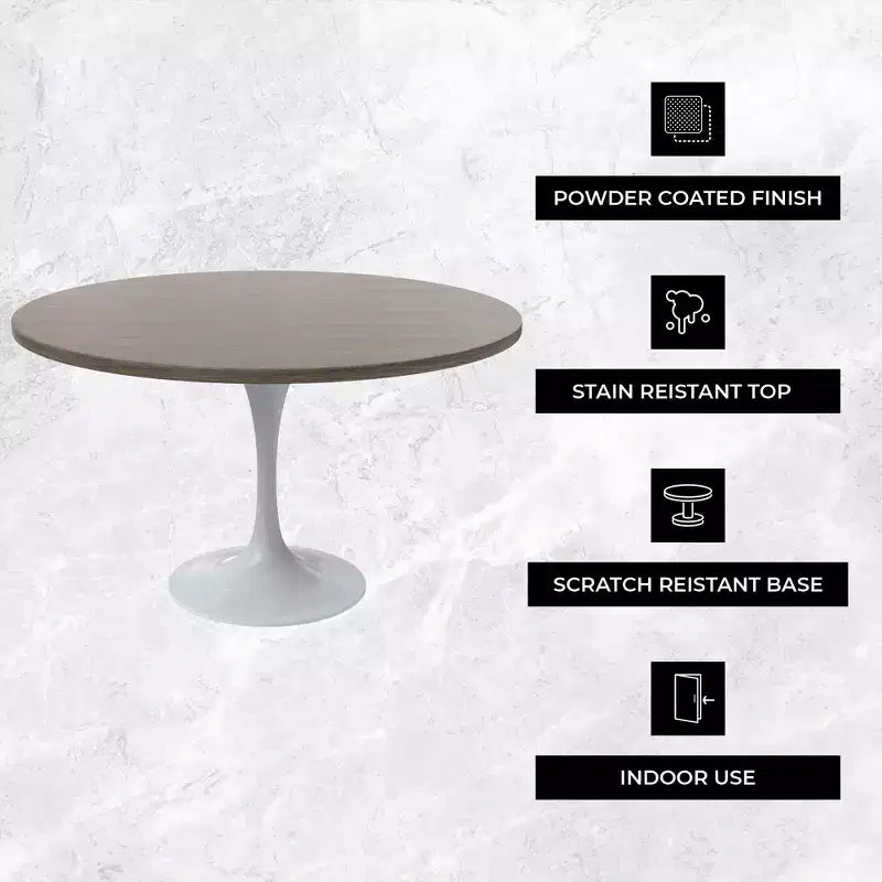 LeisureMod Verve Mid-Century Modern Table with a 48 Round MDF Tabletop and White Steel Pedestal Base for Kitchen and Dining Room in Dark Maple