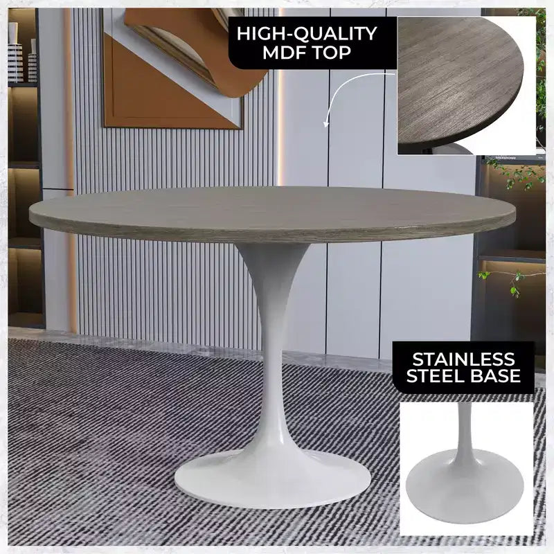 LeisureMod Verve Mid-Century Modern Table with a 48 Round MDF Tabletop and White Steel Pedestal Base for Kitchen and Dining Room in Dark Maple