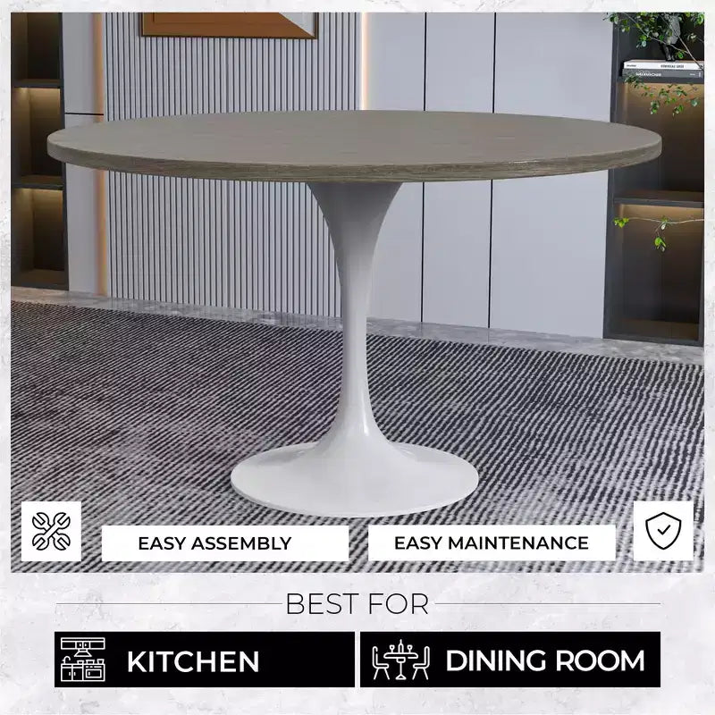 LeisureMod Verve Mid-Century Modern Table with a 48 Round MDF Tabletop and White Steel Pedestal Base for Kitchen and Dining Room in Dark Maple
