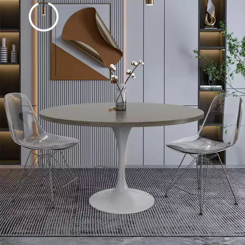 LeisureMod Verve Mid-Century Modern Table with a 48 Round MDF Tabletop and White Steel Pedestal Base for Kitchen and Dining Room in Dark Maple