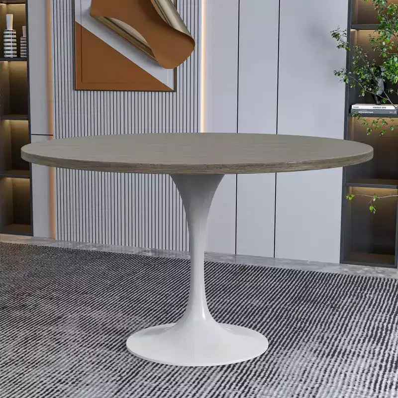 LeisureMod Verve Mid-Century Modern Table with a 48 Round MDF Tabletop and White Steel Pedestal Base for Kitchen and Dining Room in Dark Maple