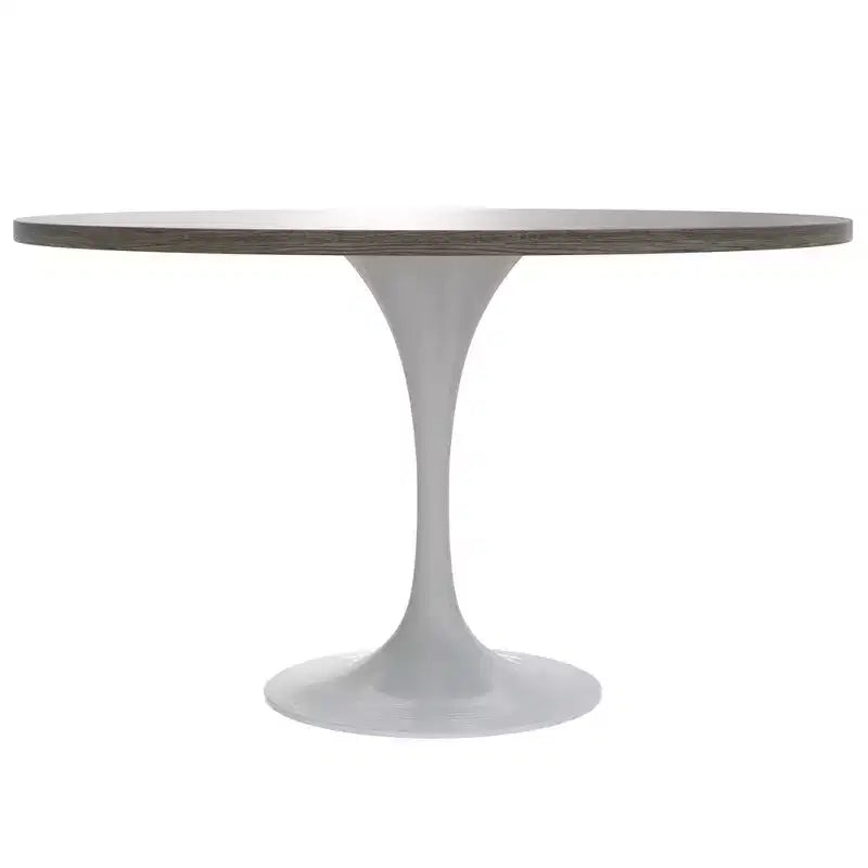 LeisureMod Verve Mid-Century Modern Table with a 48 Round MDF Tabletop and White Steel Pedestal Base for Kitchen and Dining Room in Dark Maple