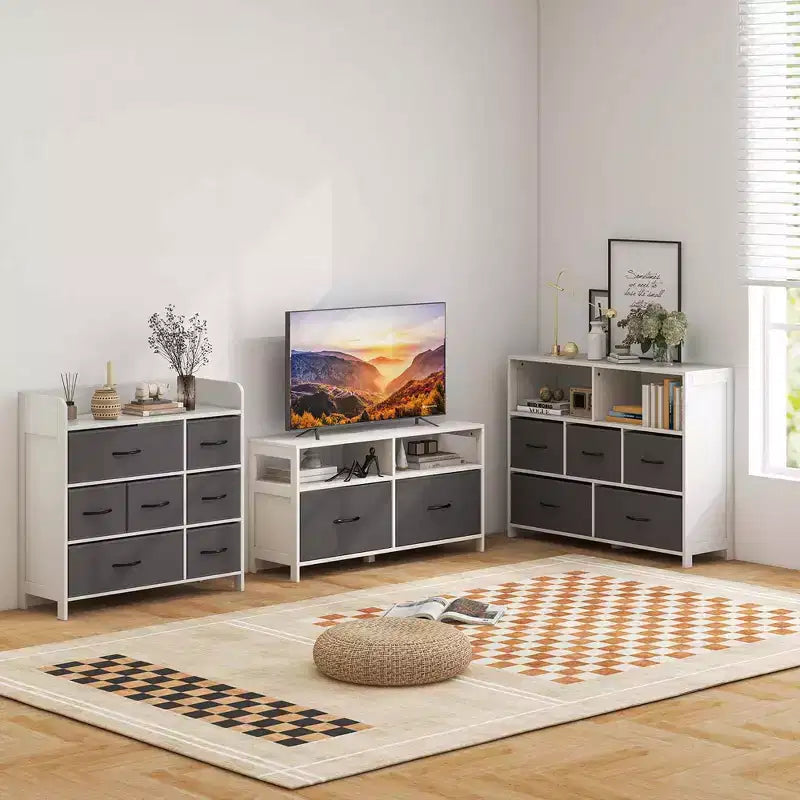 Costway 5/7-Drawer Dresser for Bedroom Chest of Drawers with 2 Large Fabric Bins White
