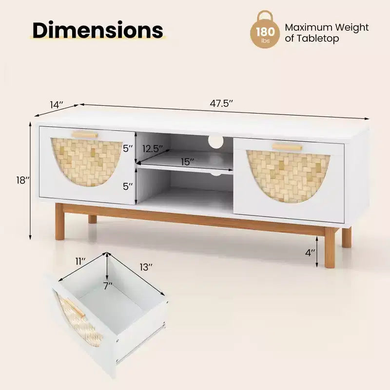 Costway TV Stand for 55-Inch TVs with 2 Drawers & Bamboo Woven Fronts Solid Wood Legs White