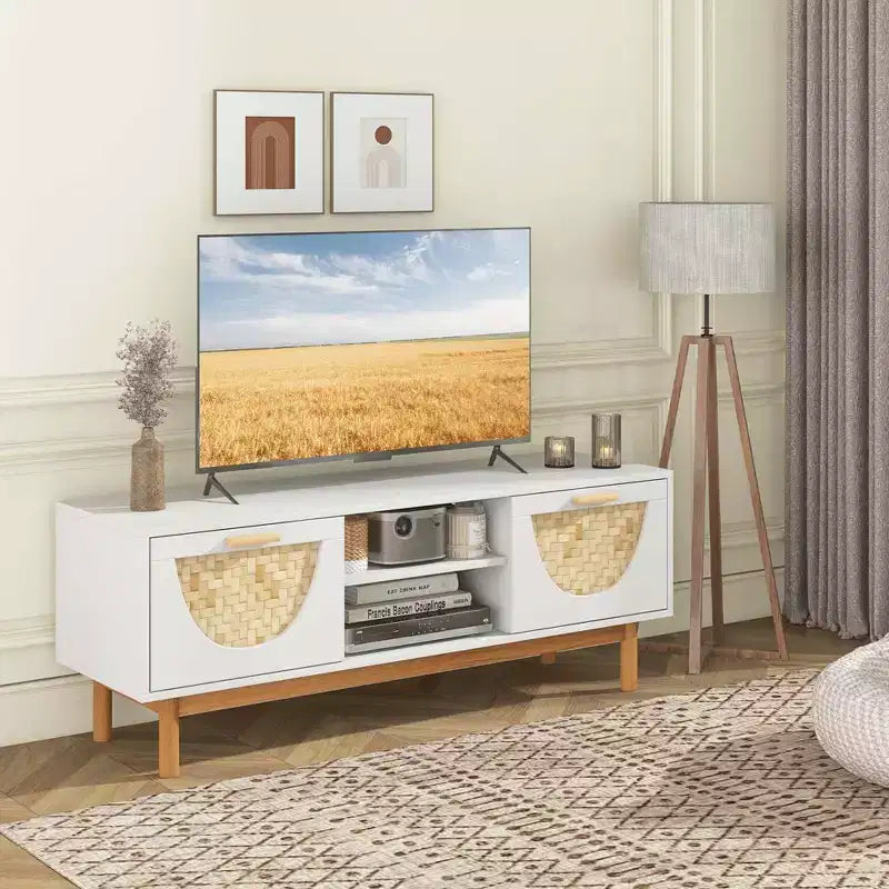 Costway TV Stand for 55-Inch TVs with 2 Drawers & Bamboo Woven Fronts Solid Wood Legs White