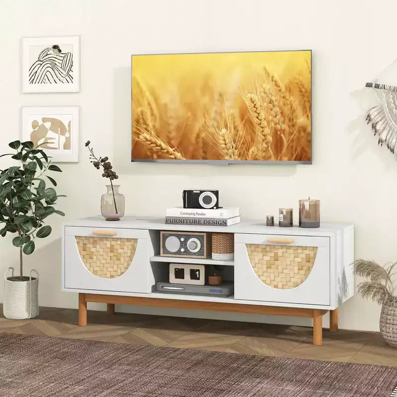 Costway TV Stand for 55-Inch TVs with 2 Drawers & Bamboo Woven Fronts Solid Wood Legs White