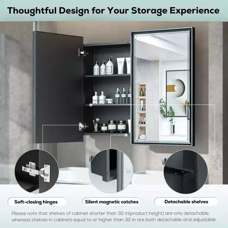 Keonjinn 36 in. W x 32 in. H Metal Framed Black Rectangular Framed Recessed/Surface Mount Medicine Cabinet with Mirror,Black