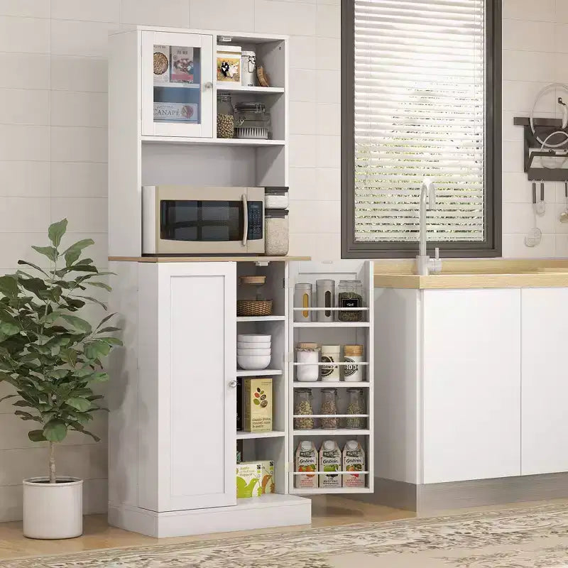 HOMCOM 66.5 Pantry Cabinet with Microwave Stand, Freestanding Kitchen Storage Cabinet with Hutch and Adjustable Shelves, White