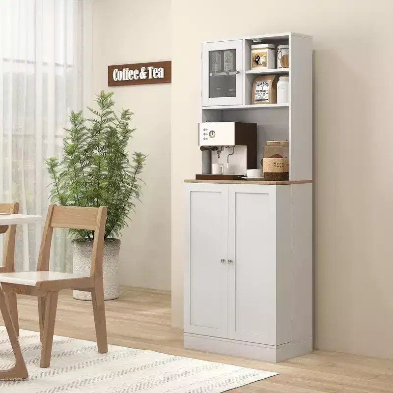 HOMCOM 66.5 Pantry Cabinet with Microwave Stand, Freestanding Kitchen Storage Cabinet with Hutch and Adjustable Shelves, White