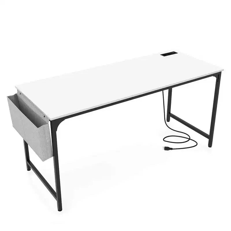 Costway 60 Modern Computer Desk with Charging Station with Storage Bag & Headphone Hook White
