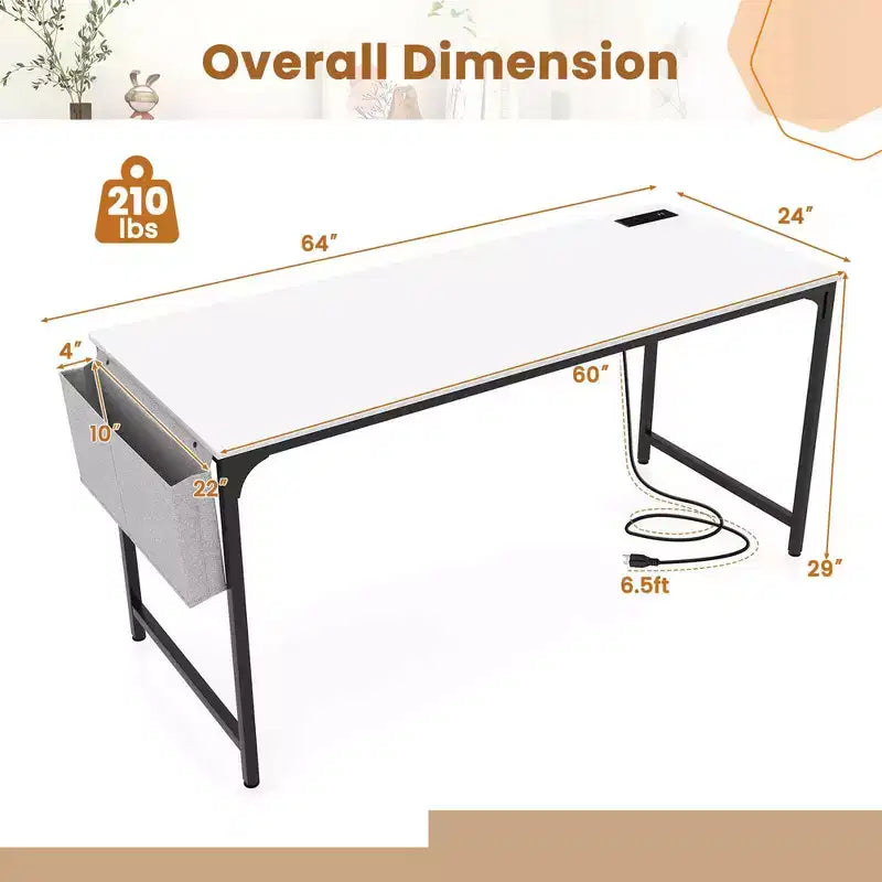 Costway 60 Modern Computer Desk with Charging Station with Storage Bag & Headphone Hook White