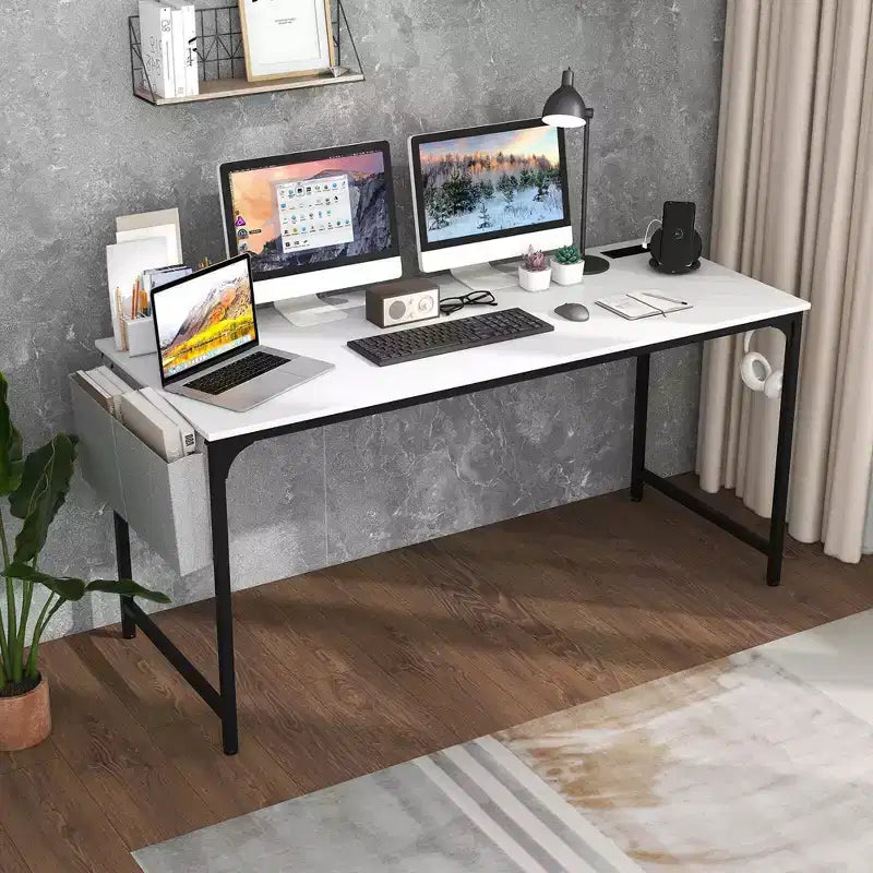 Costway 60 Modern Computer Desk with Charging Station with Storage Bag & Headphone Hook White