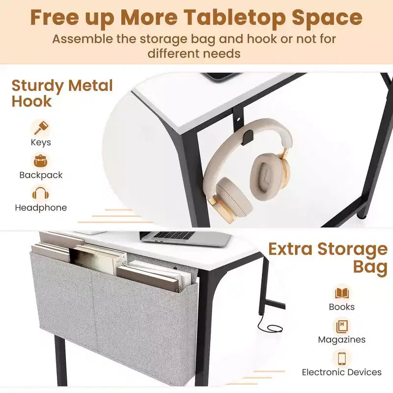 Costway 60 Modern Computer Desk with Charging Station with Storage Bag & Headphone Hook White