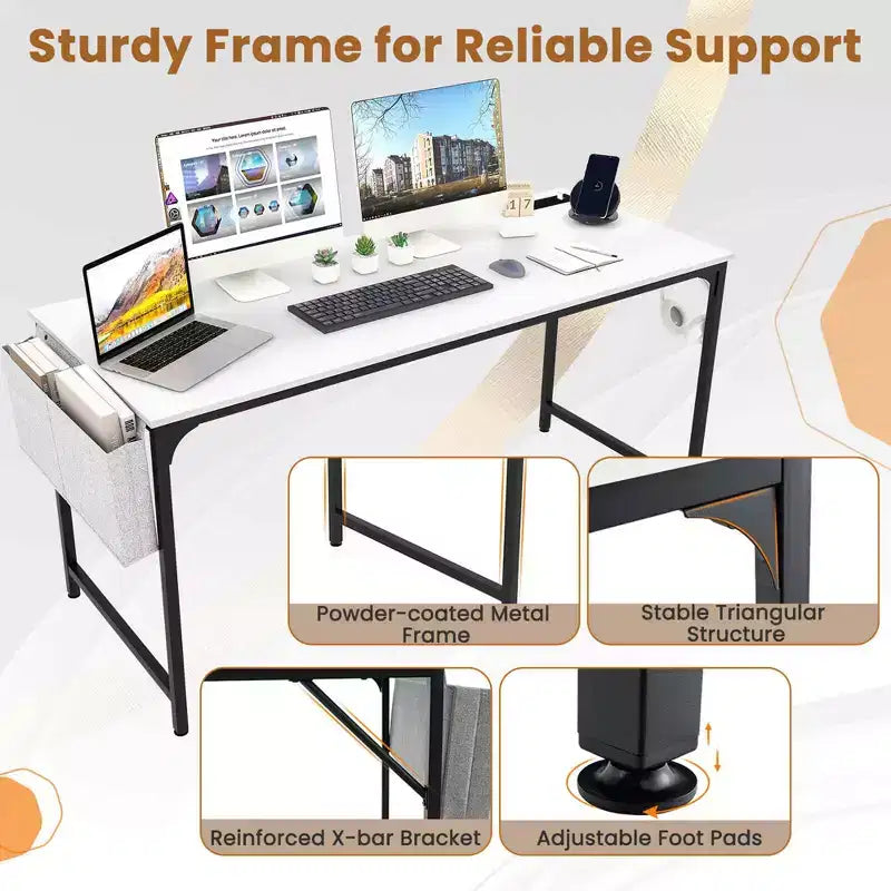 Costway 60 Modern Computer Desk with Charging Station with Storage Bag & Headphone Hook White
