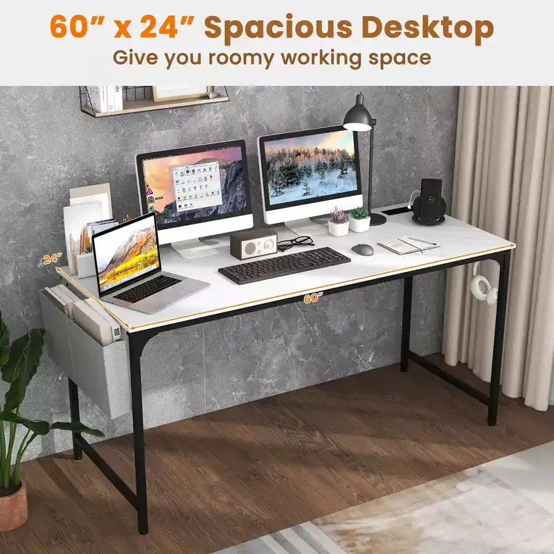 Costway 60 Modern Computer Desk with Charging Station with Storage Bag & Headphone Hook White