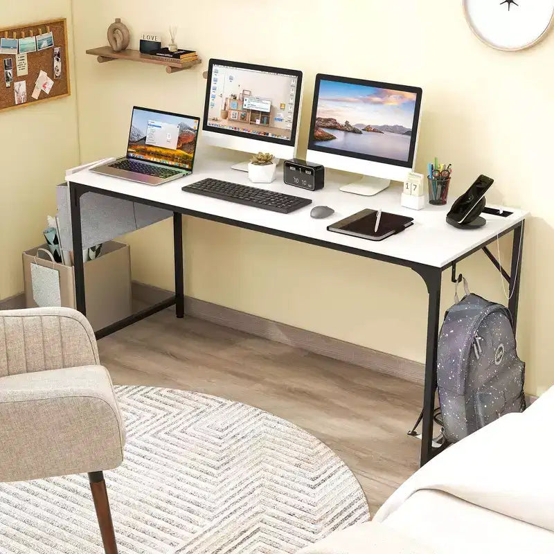 Costway 60 Modern Computer Desk with Charging Station with Storage Bag & Headphone Hook White