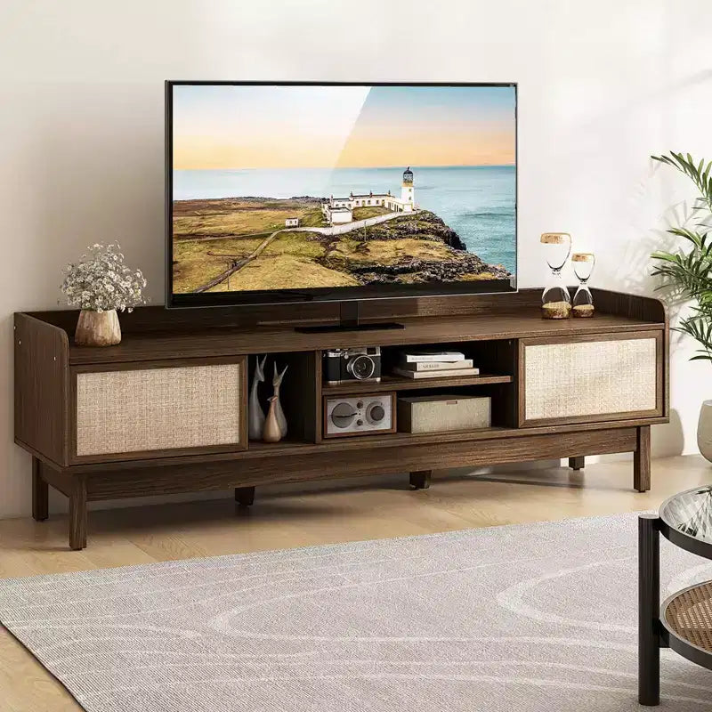 Costway Wooden TV Stand for TVs up to 65 with Storage Adjustable Shelf & Sliding Doors Walnut