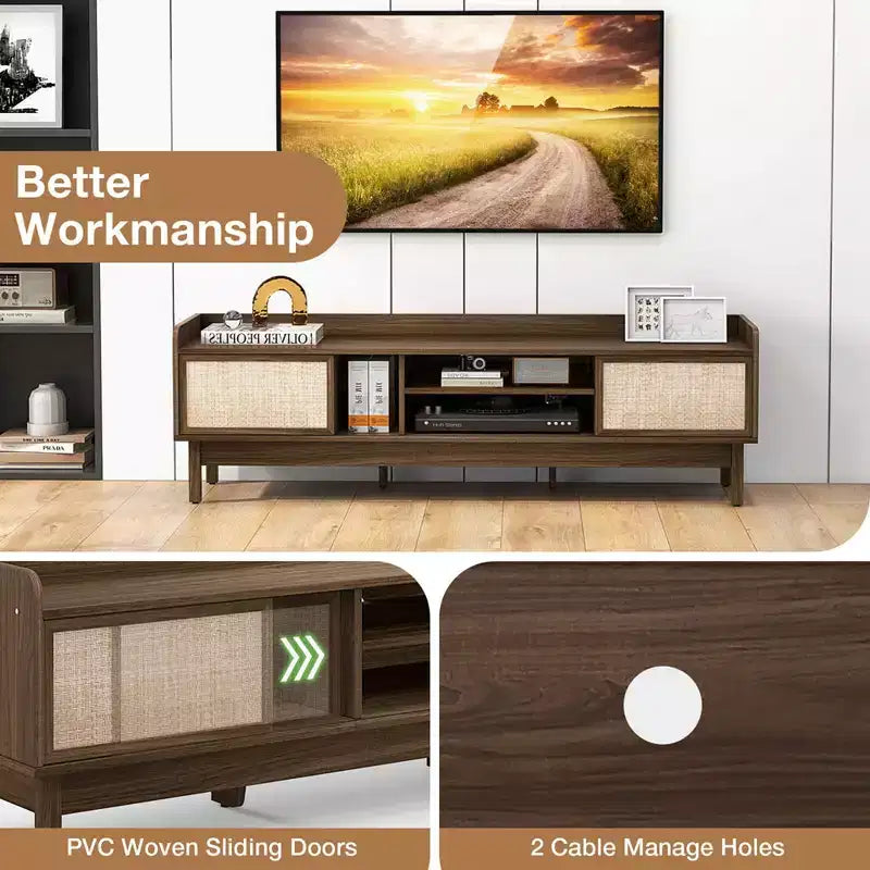 Costway Wooden TV Stand for TVs up to 65 with Storage Adjustable Shelf & Sliding Doors Walnut