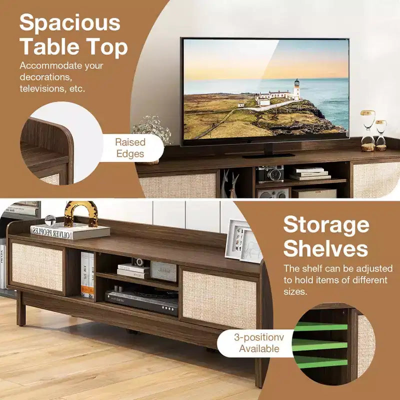 Costway Wooden TV Stand for TVs up to 65 with Storage Adjustable Shelf & Sliding Doors Walnut