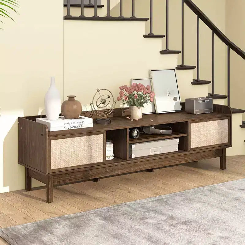 Costway Wooden TV Stand for TVs up to 65 with Storage Adjustable Shelf & Sliding Doors Walnut