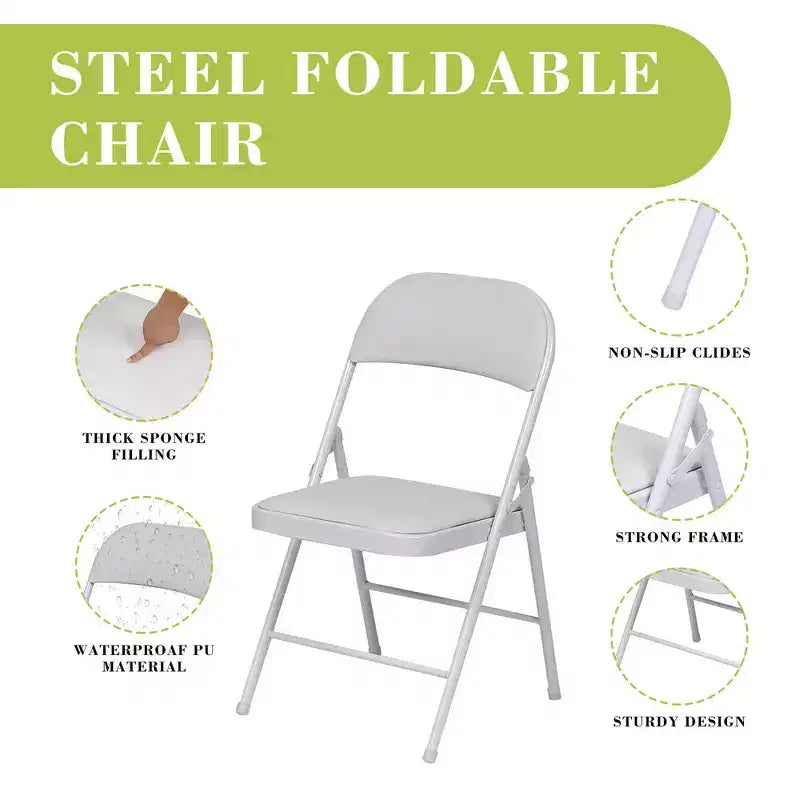 Lot de 4 chaises pliantes avec sièges rembourrés, structure métallique avec assise et dossier en cuir PU, capacité 158 kg, blanc