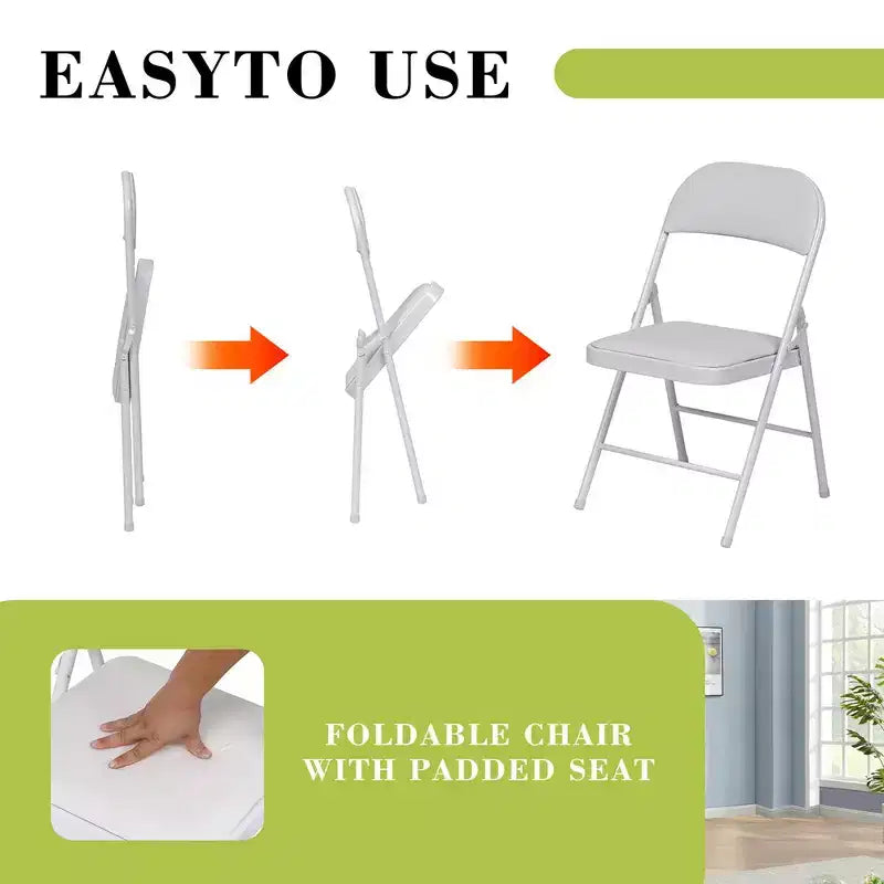 Lot de 4 chaises pliantes avec sièges rembourrés, structure métallique avec assise et dossier en cuir PU, capacité 158 kg, blanc