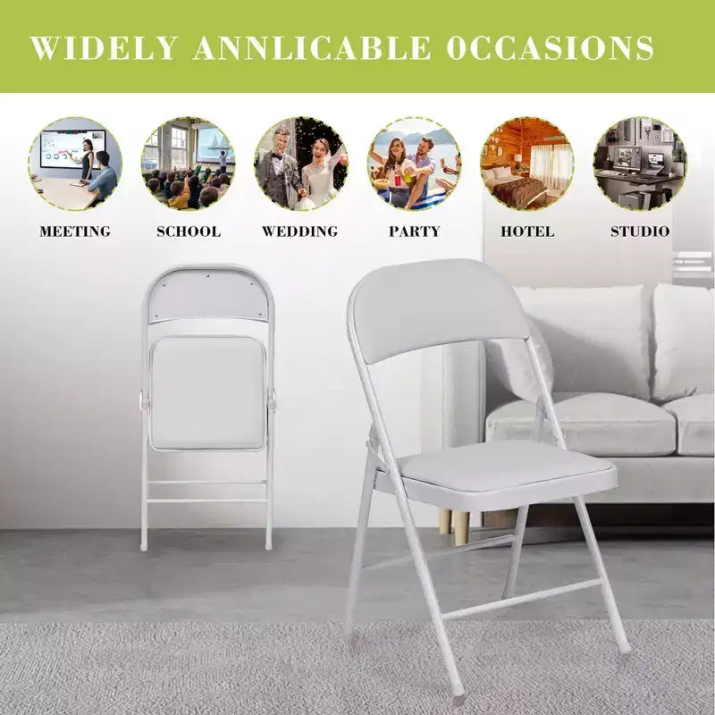 Lot de 4 chaises pliantes avec sièges rembourrés, structure métallique avec assise et dossier en cuir PU, capacité 158 kg, blanc