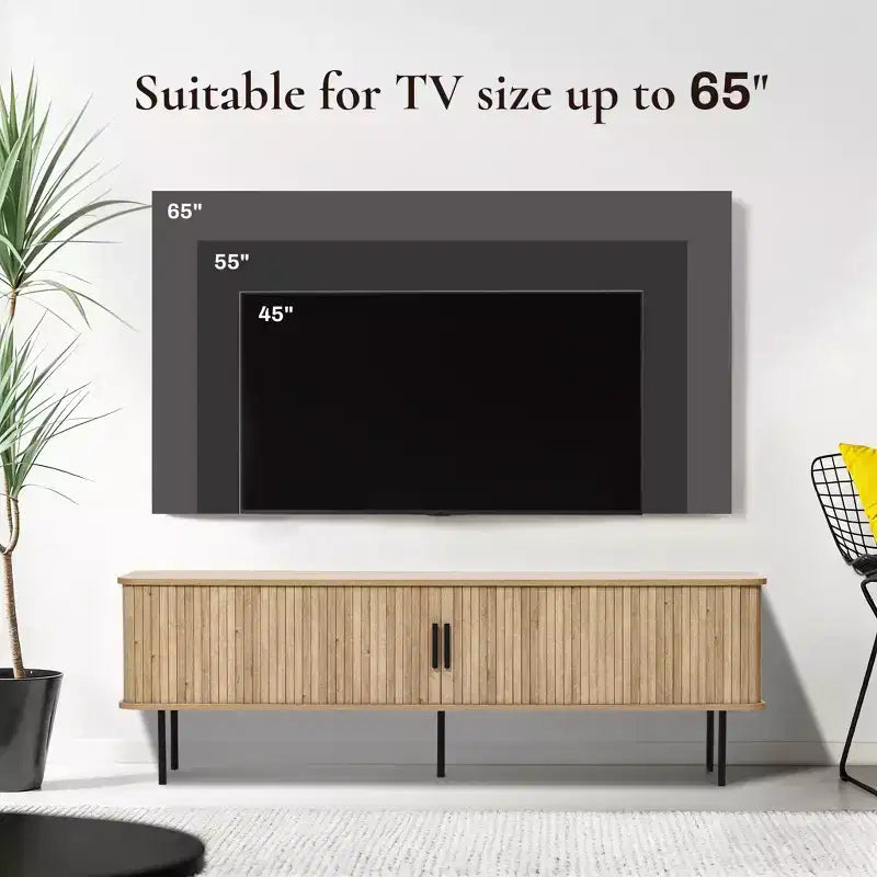 LuxenHome 62.6 Modern TV Stand with Storage for TVs Up to 65 Inch, Oak Entertainment Console with Sliding Doors Brown