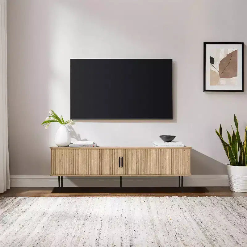 LuxenHome 62.6 Modern TV Stand with Storage for TVs Up to 65 Inch, Oak Entertainment Console with Sliding Doors Brown