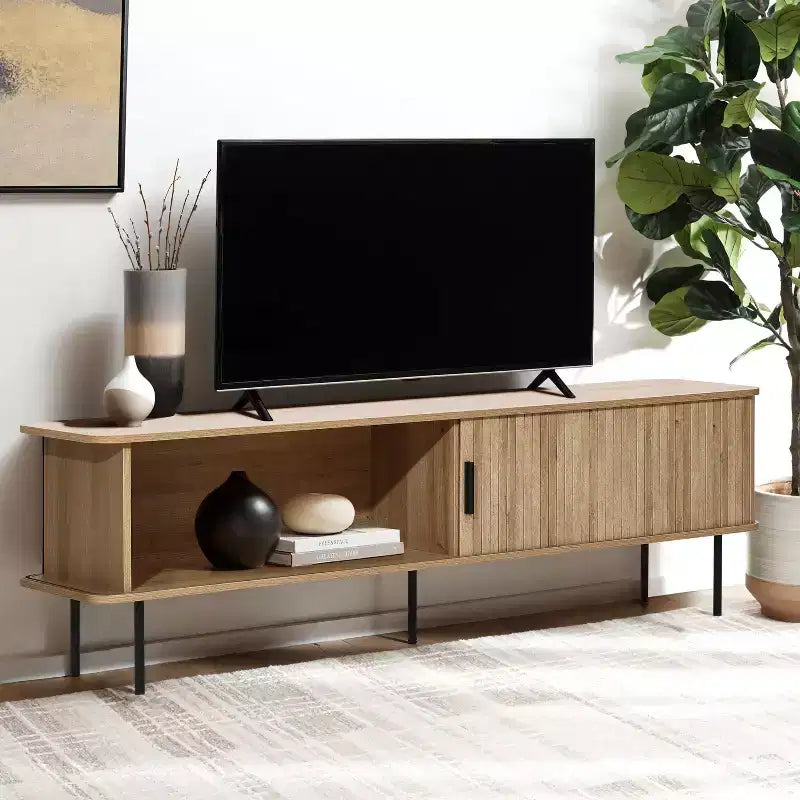 LuxenHome 62.6 Modern TV Stand with Storage for TVs Up to 65 Inch, Oak Entertainment Console with Sliding Doors Brown